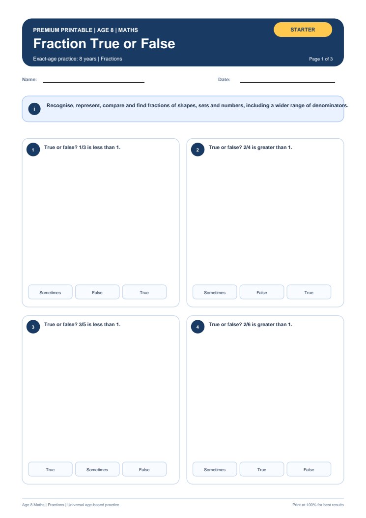 Fraction True or False worksheet preview
