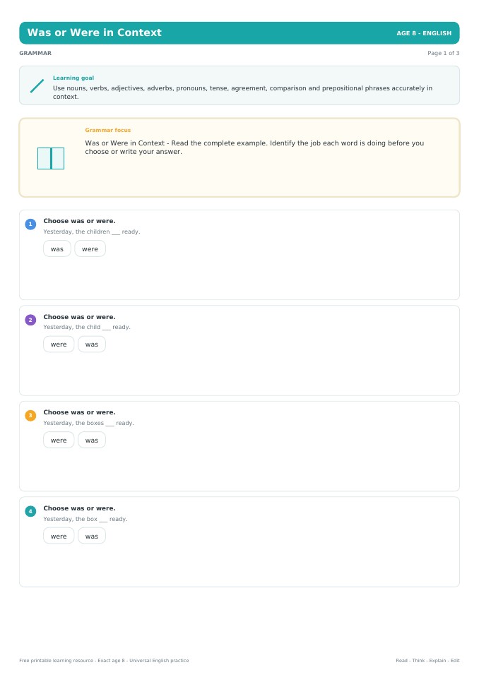 Was or Were in Context worksheet preview