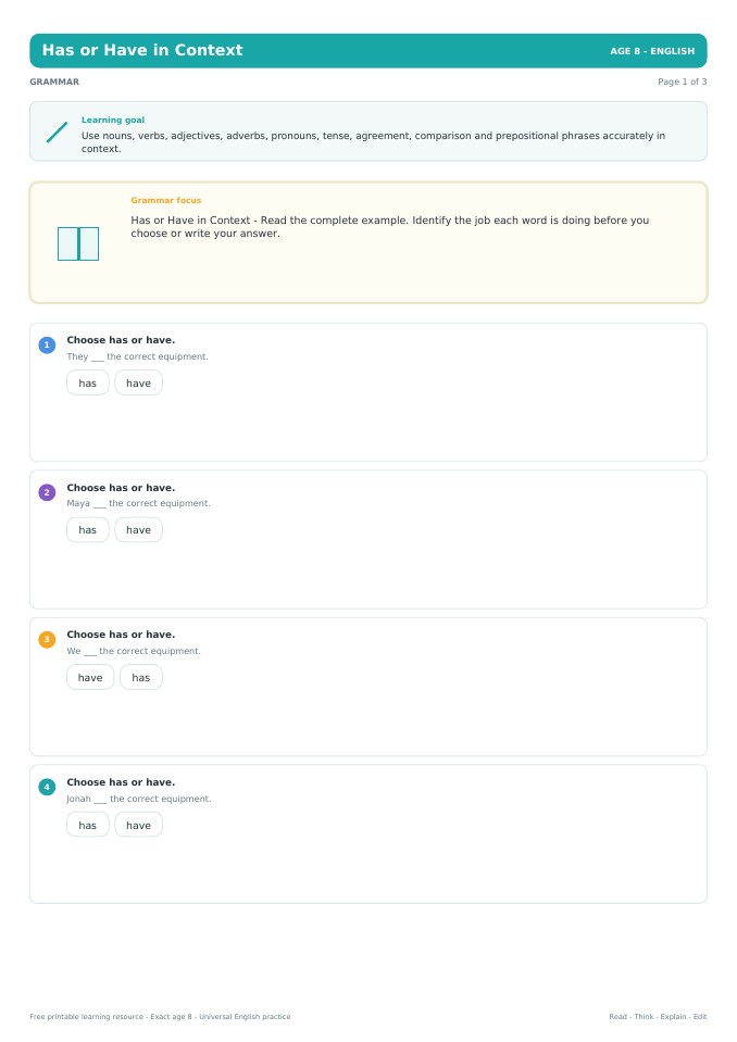 Has or Have in Context worksheet preview
