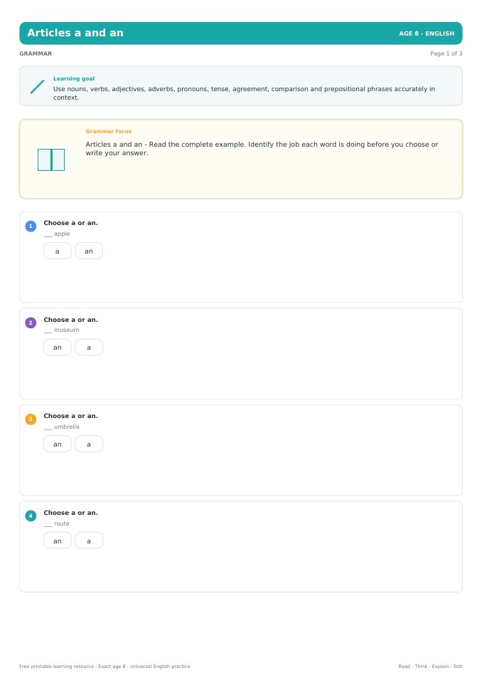 Articles a and an worksheet preview