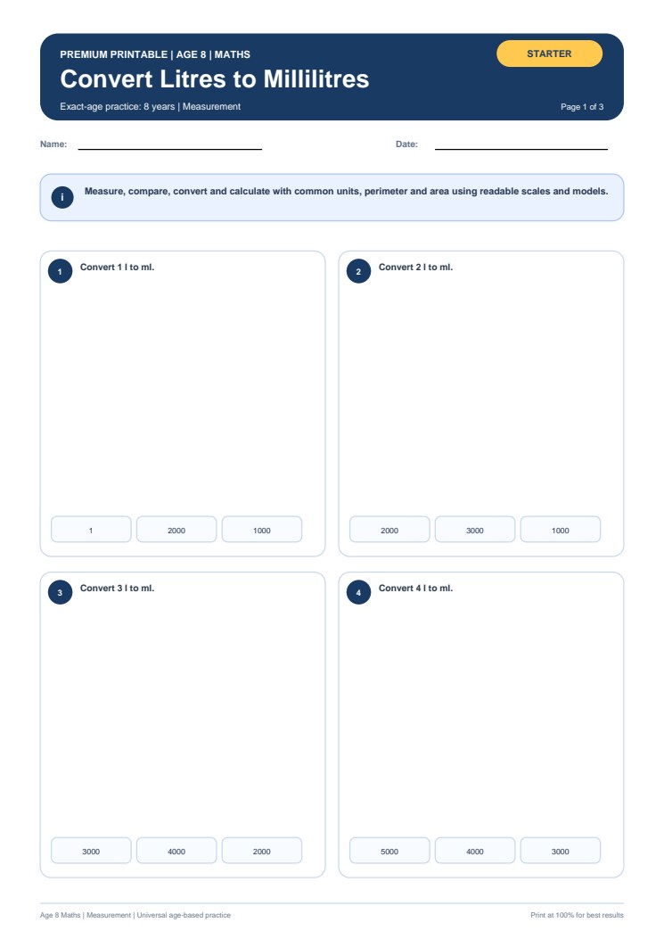 Convert Litres to Millilitres worksheet preview
