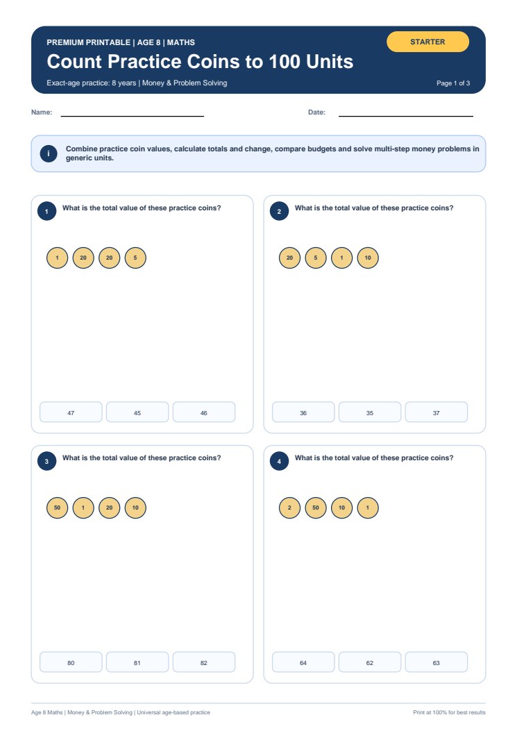 Count Practice Coins to 100 Units worksheet preview