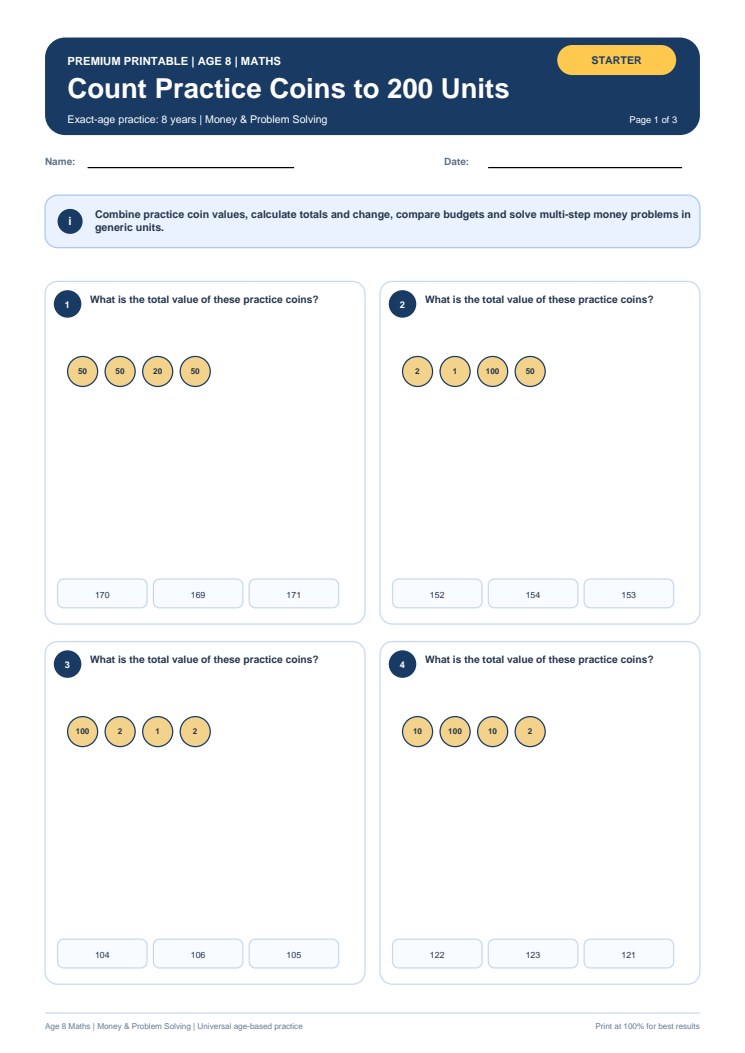 Count Practice Coins to 200 Units worksheet preview