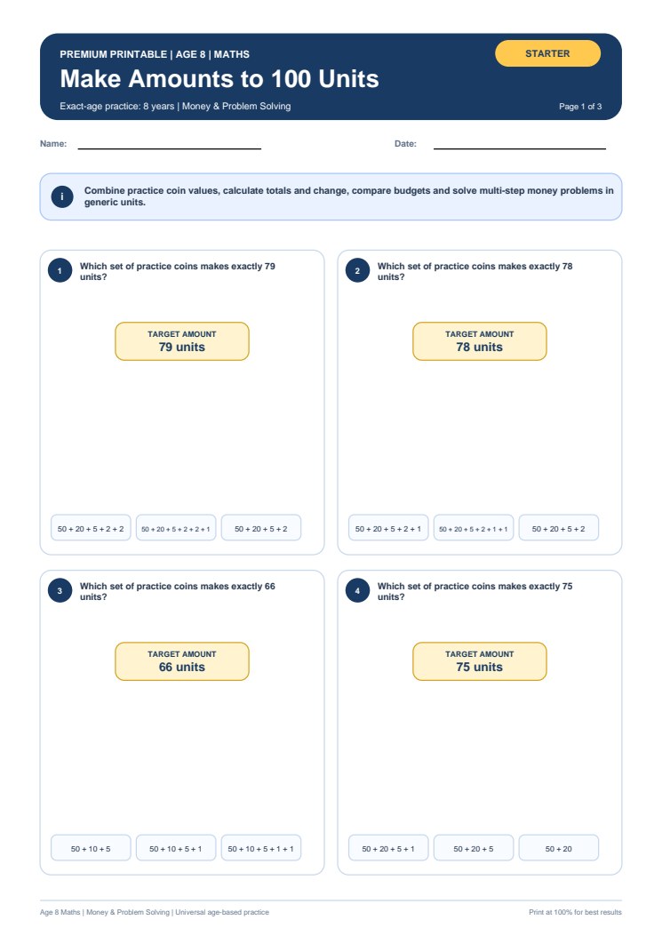 Make Amounts to 100 Units worksheet preview