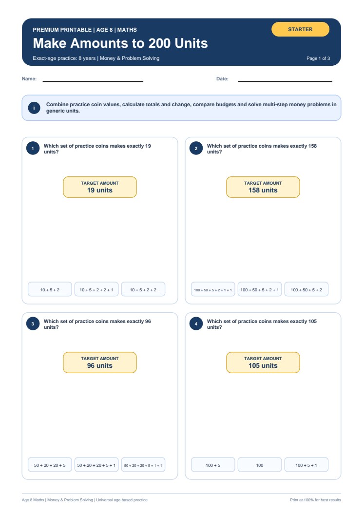 Make Amounts to 200 Units worksheet preview