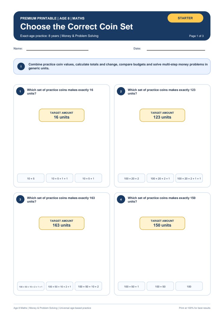 Choose the Correct Coin Set worksheet preview