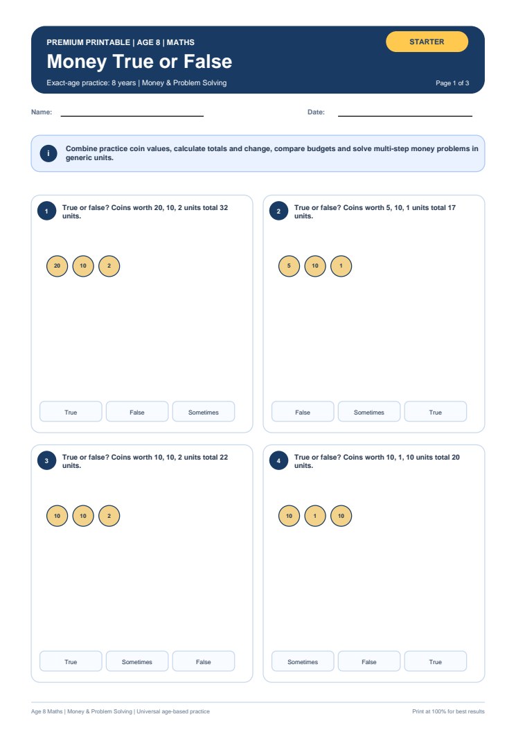 Money True or False worksheet preview
