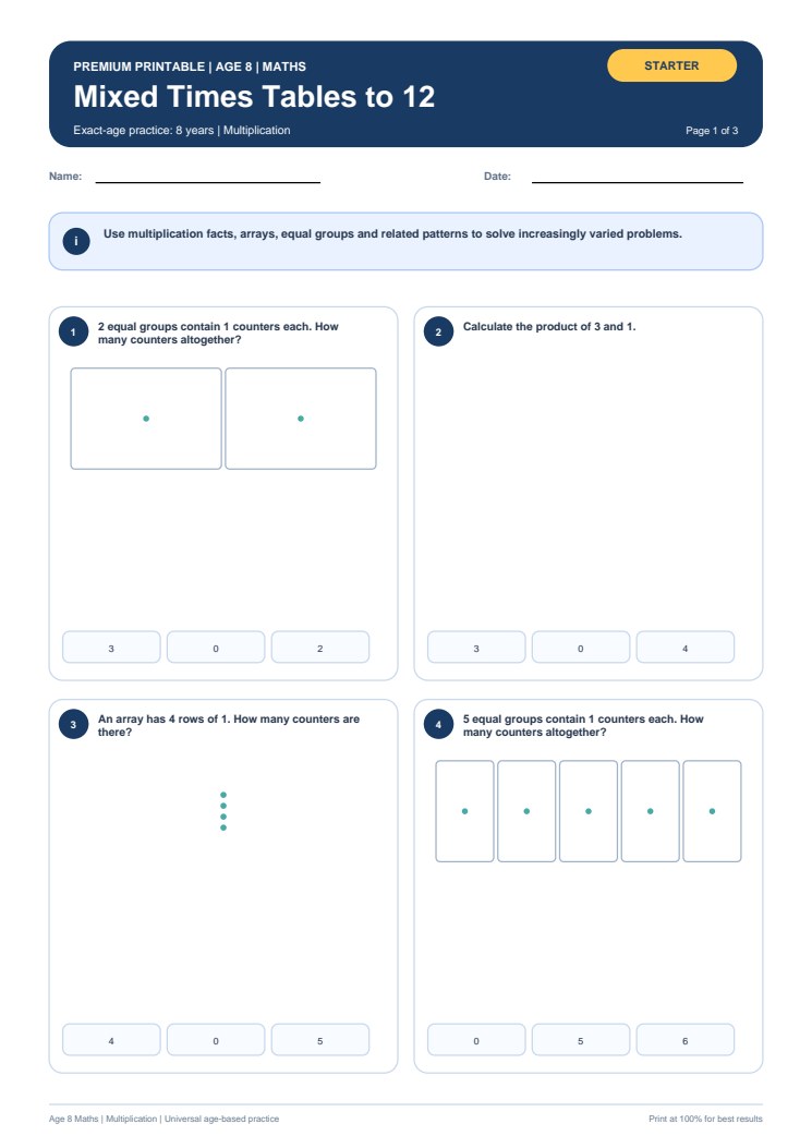 Mixed Times Tables to 12 worksheet preview