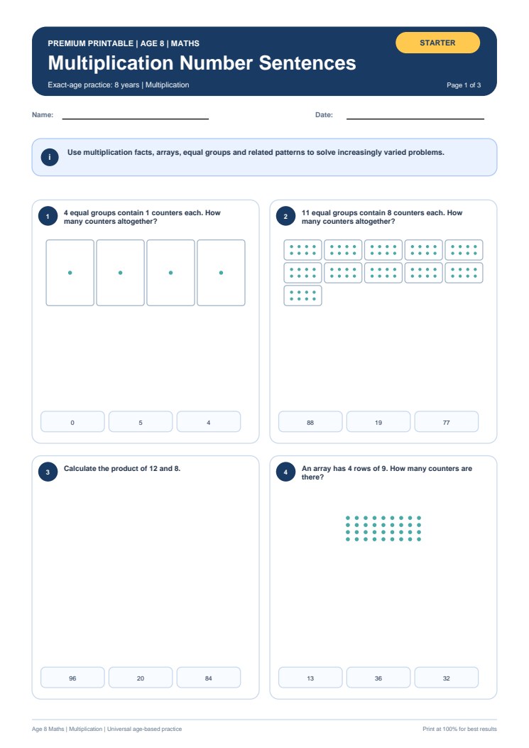 Multiplication Number Sentences worksheet preview