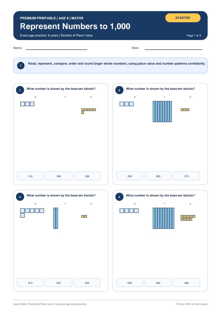 Represent Numbers to 1,000 worksheet preview