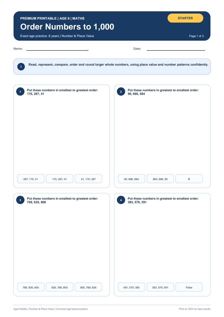 Order Numbers to 1,000 worksheet preview