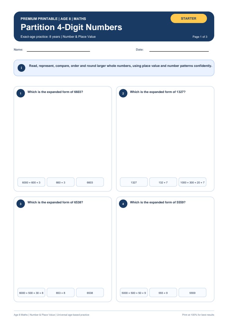 Partition 4-Digit Numbers worksheet preview