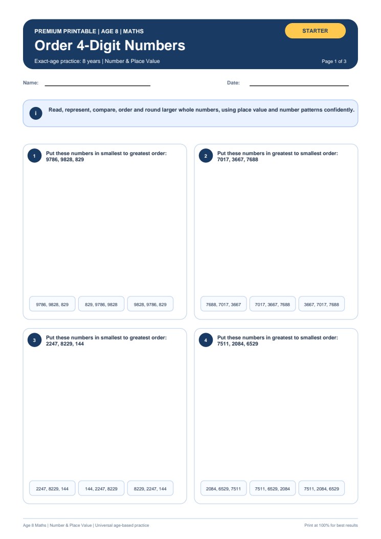 Order 4-Digit Numbers worksheet preview