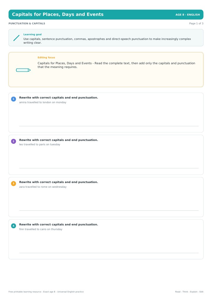 Capitals for Places, Days and Events worksheet preview