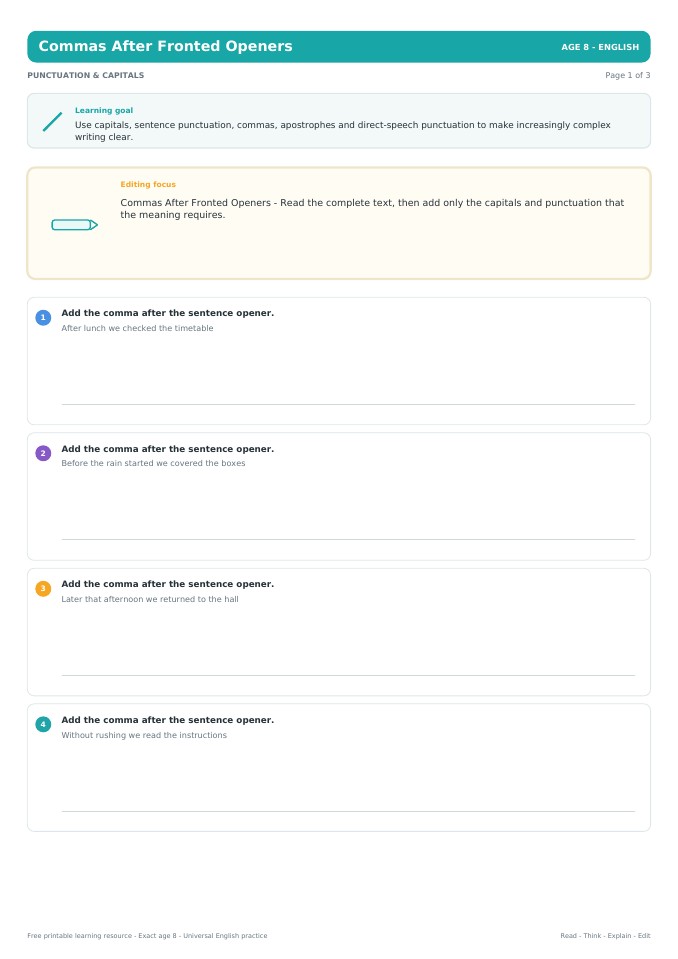 Commas After Fronted Openers worksheet preview