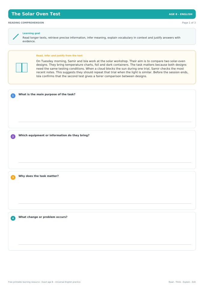 The Solar Oven Test worksheet preview