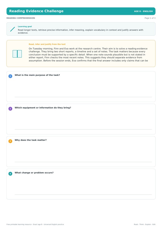 Reading Evidence Challenge worksheet preview