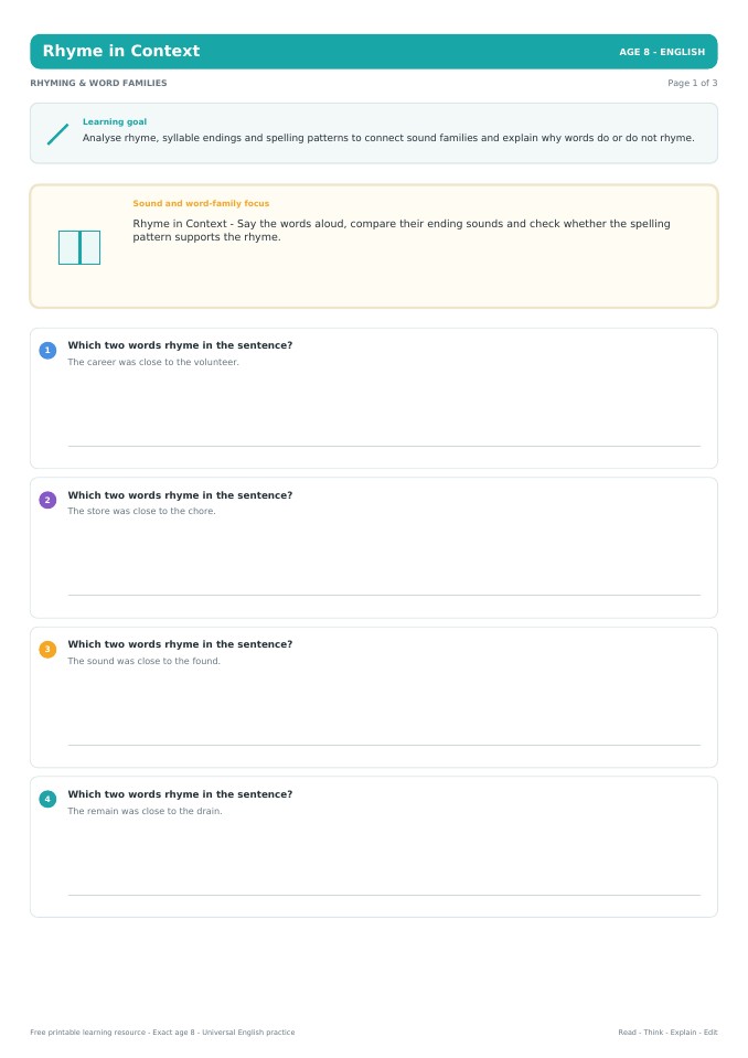 Rhyme in Context worksheet preview
