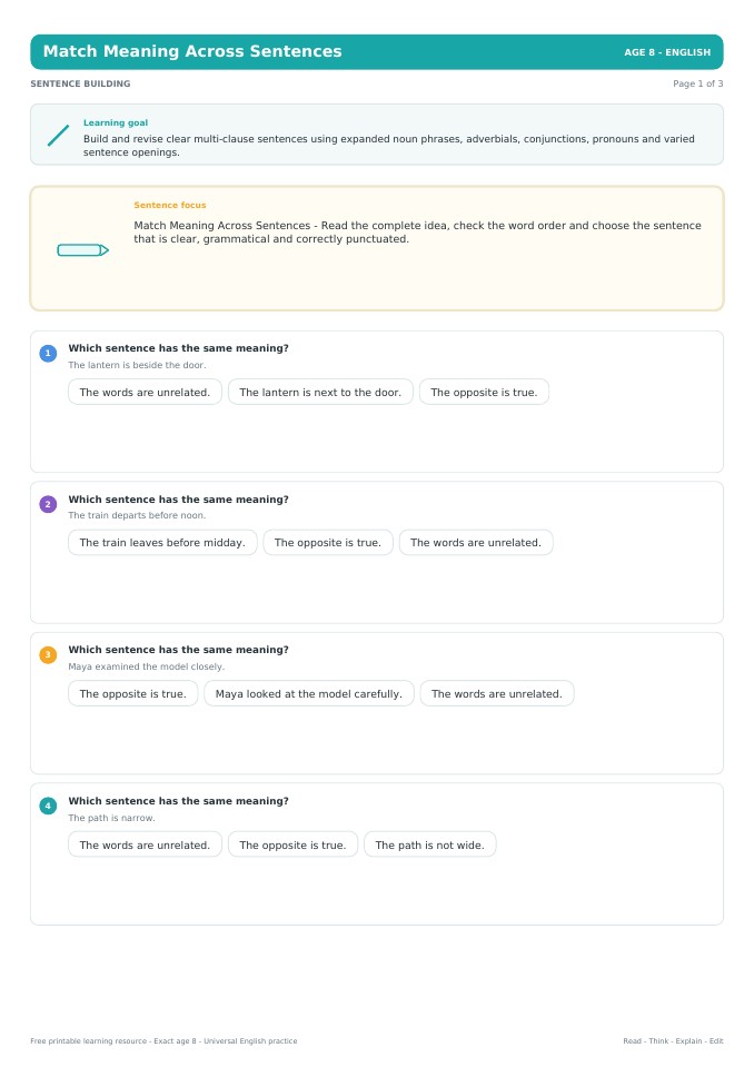 Match Meaning Across Sentences worksheet preview