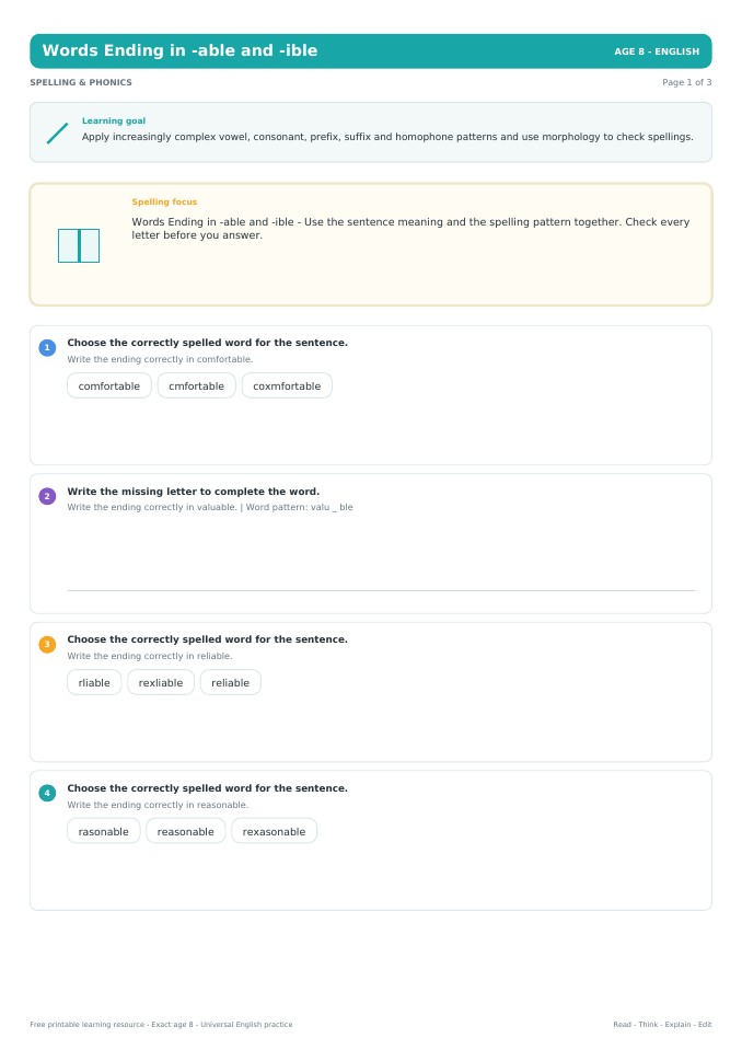 Words Ending in -able and -ible worksheet preview