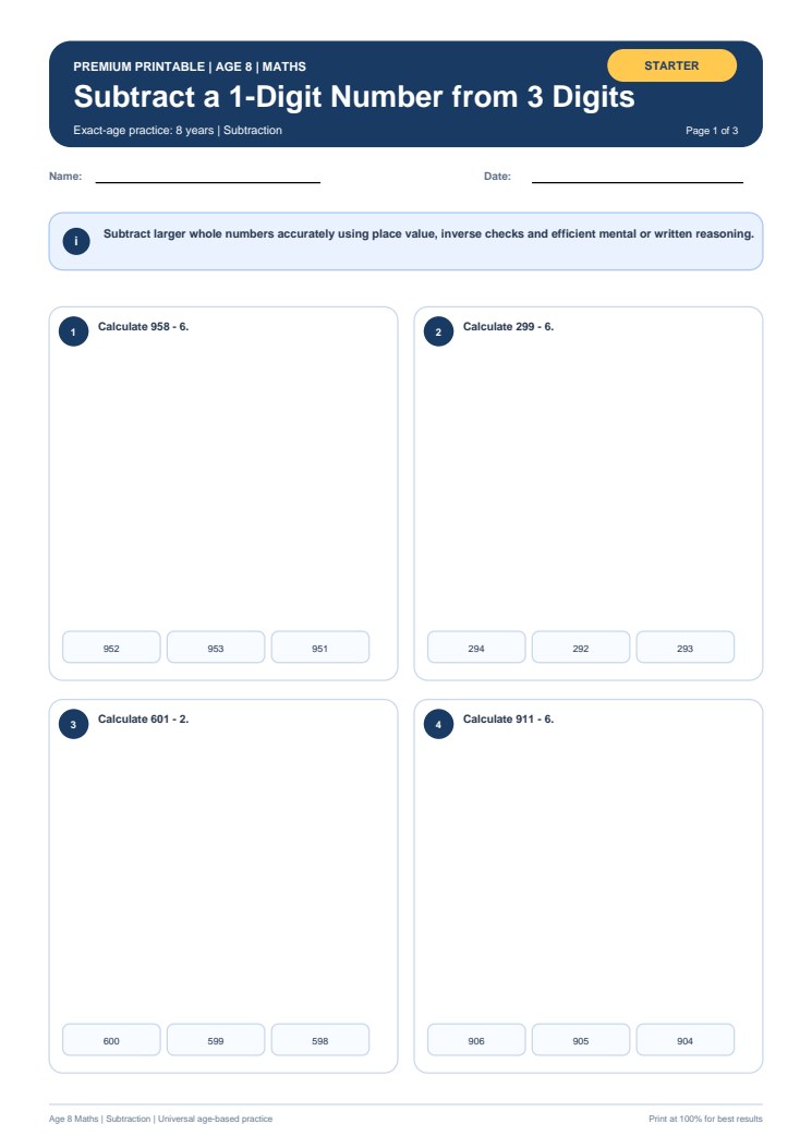 Subtract a 1-Digit Number from 3 Digits worksheet preview