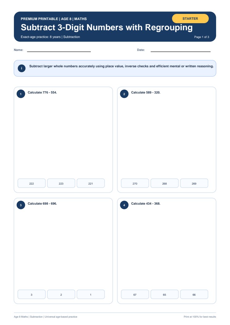 Subtract 3-Digit Numbers with Regrouping worksheet preview