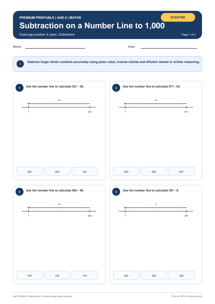 Subtraction on a Number Line to 1,000 worksheet preview