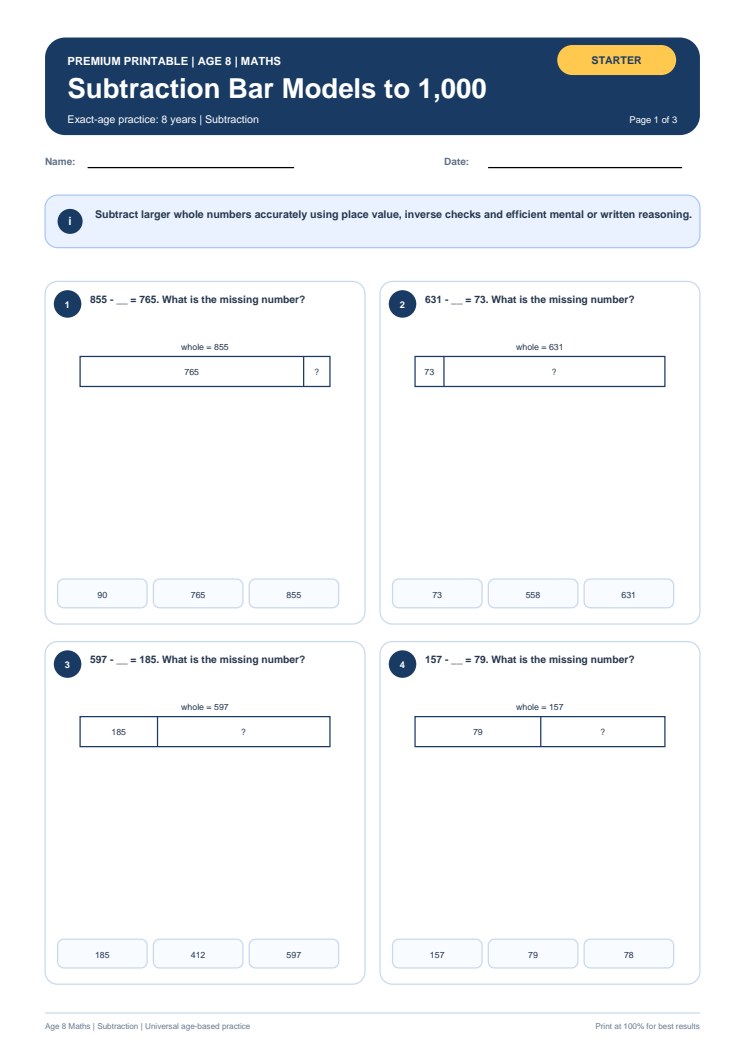 Subtraction Bar Models to 1,000 worksheet preview