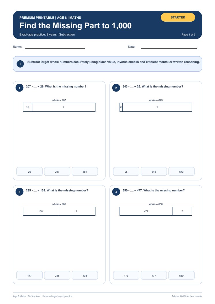 Find the Missing Part to 1,000 worksheet preview