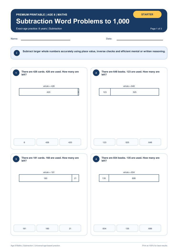 Subtraction Word Problems to 1,000 worksheet preview