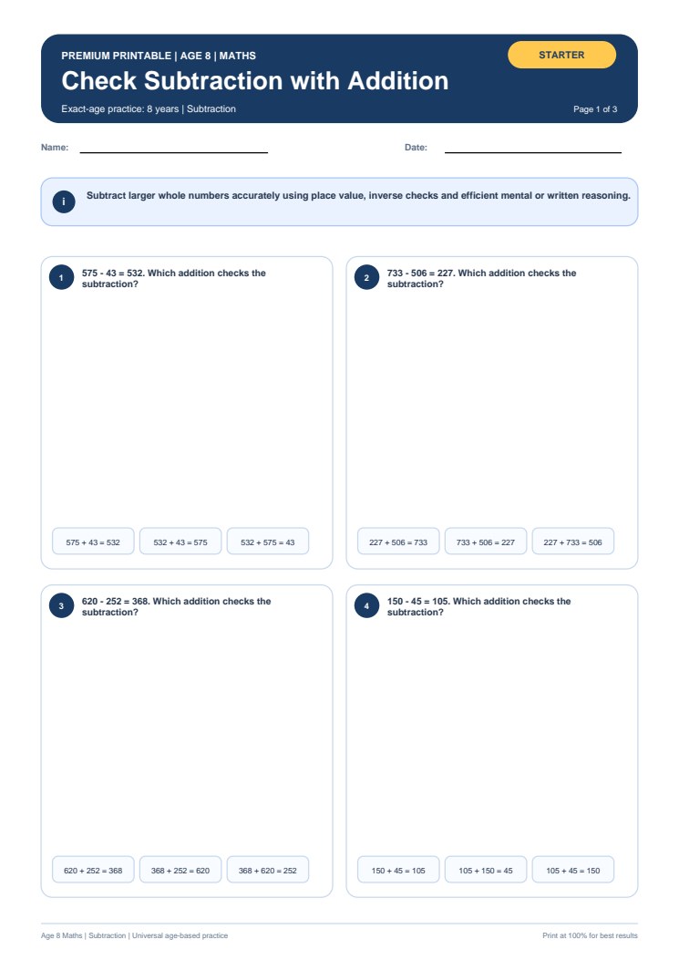 Check Subtraction with Addition worksheet preview