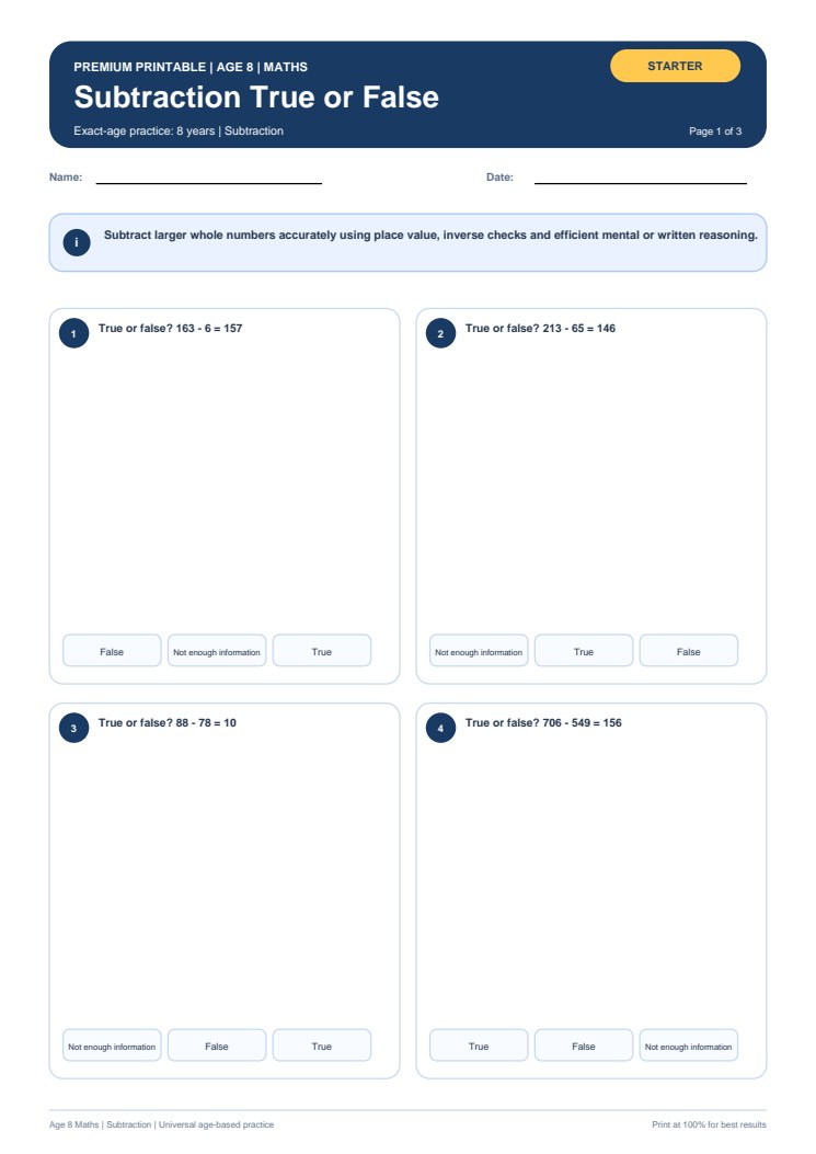 Subtraction True or False worksheet preview