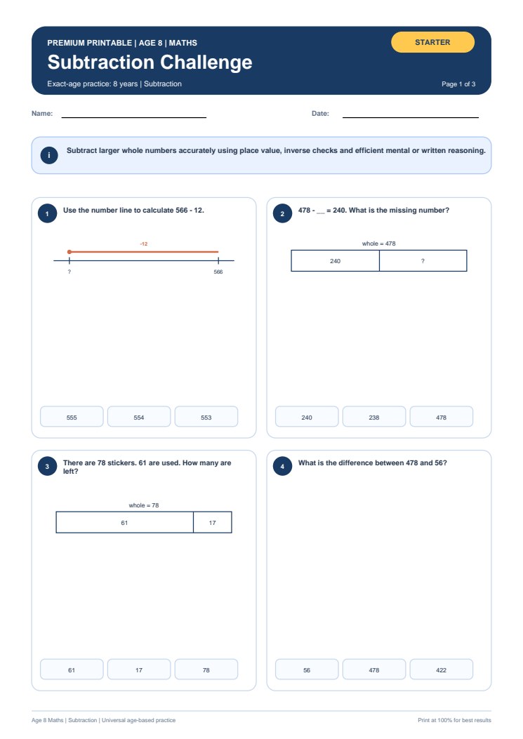 Subtraction Challenge worksheet preview