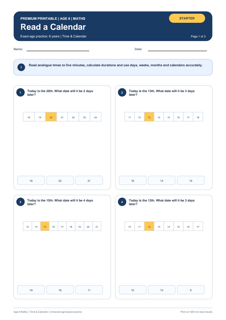 Read a Calendar worksheet preview
