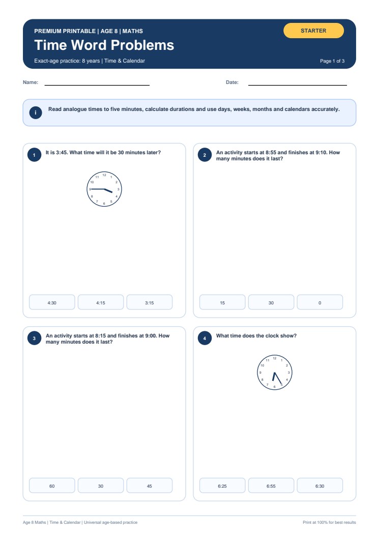 Time Word Problems worksheet preview