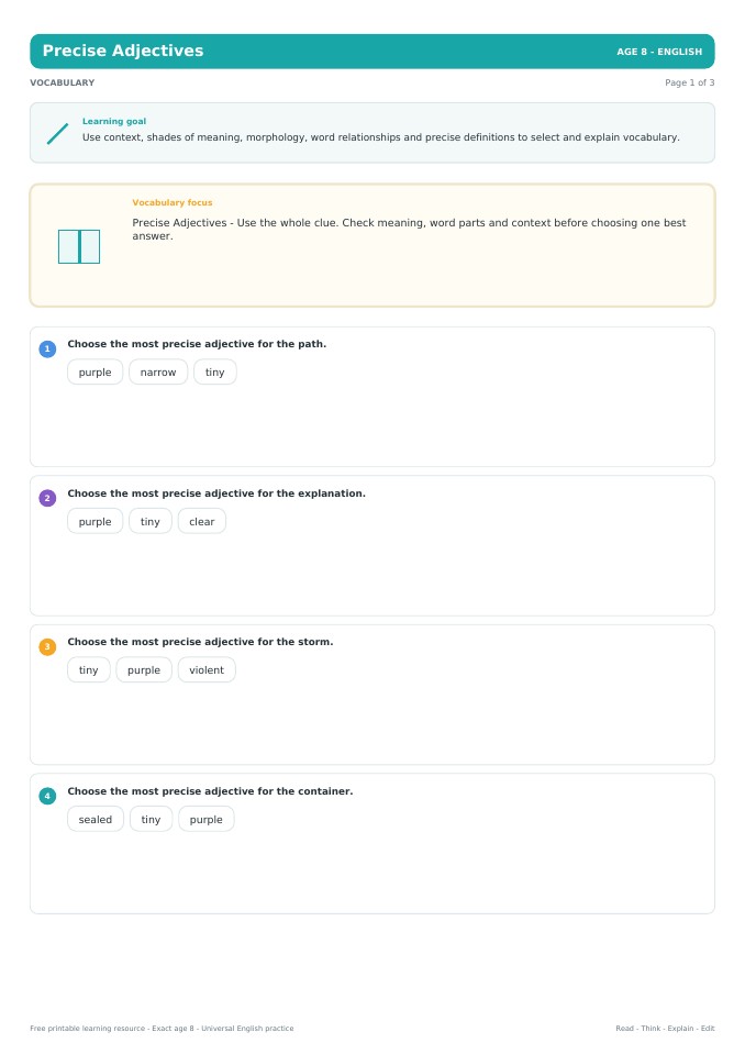 Precise Adjectives worksheet preview