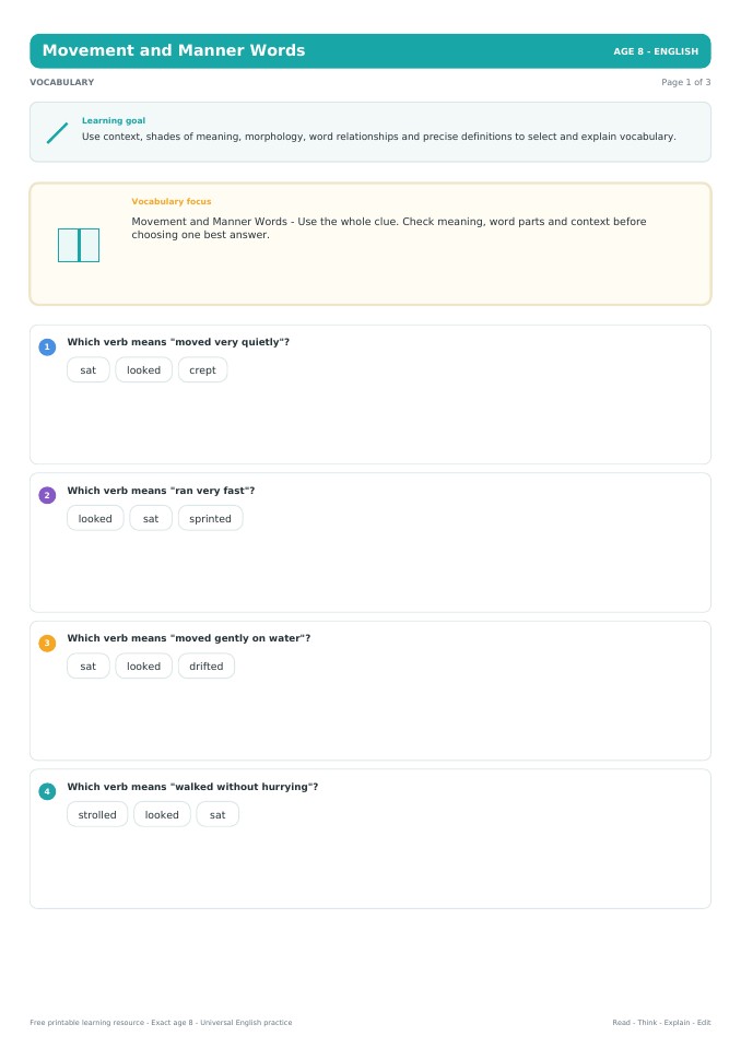Movement and Manner Words worksheet preview