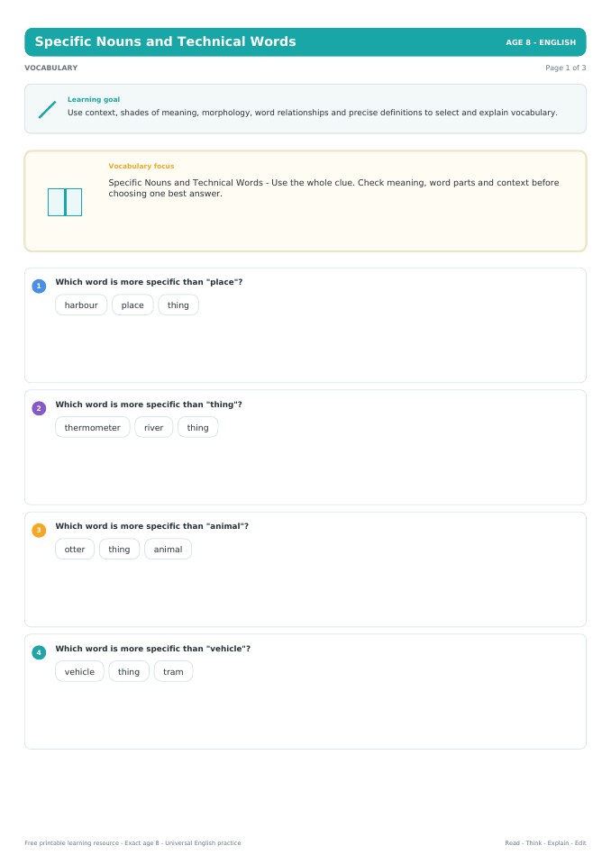 Specific Nouns and Technical Words worksheet preview