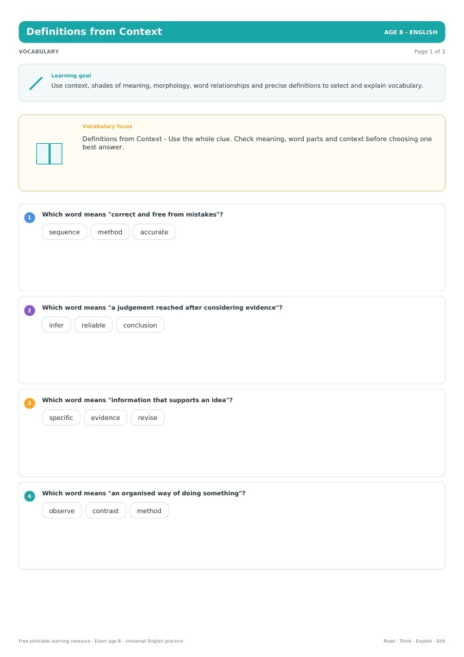 Definitions from Context worksheet preview