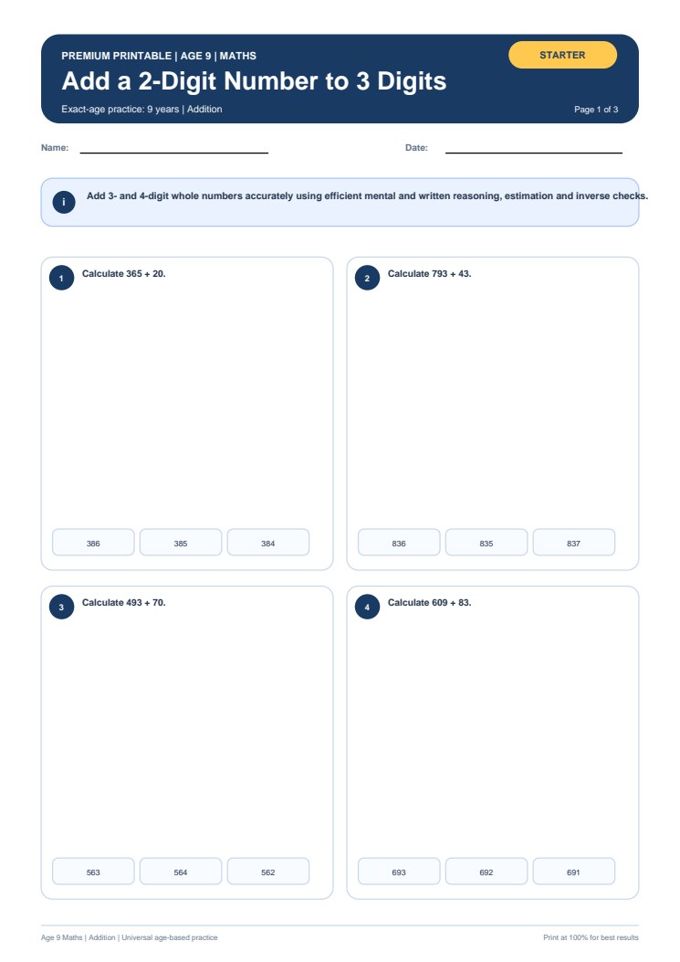 Add a 2-Digit Number to 3 Digits worksheet preview