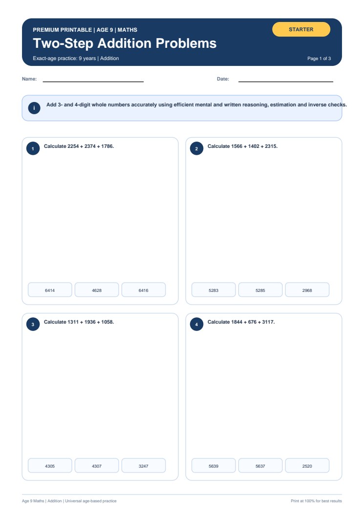 Two-Step Addition Problems worksheet preview