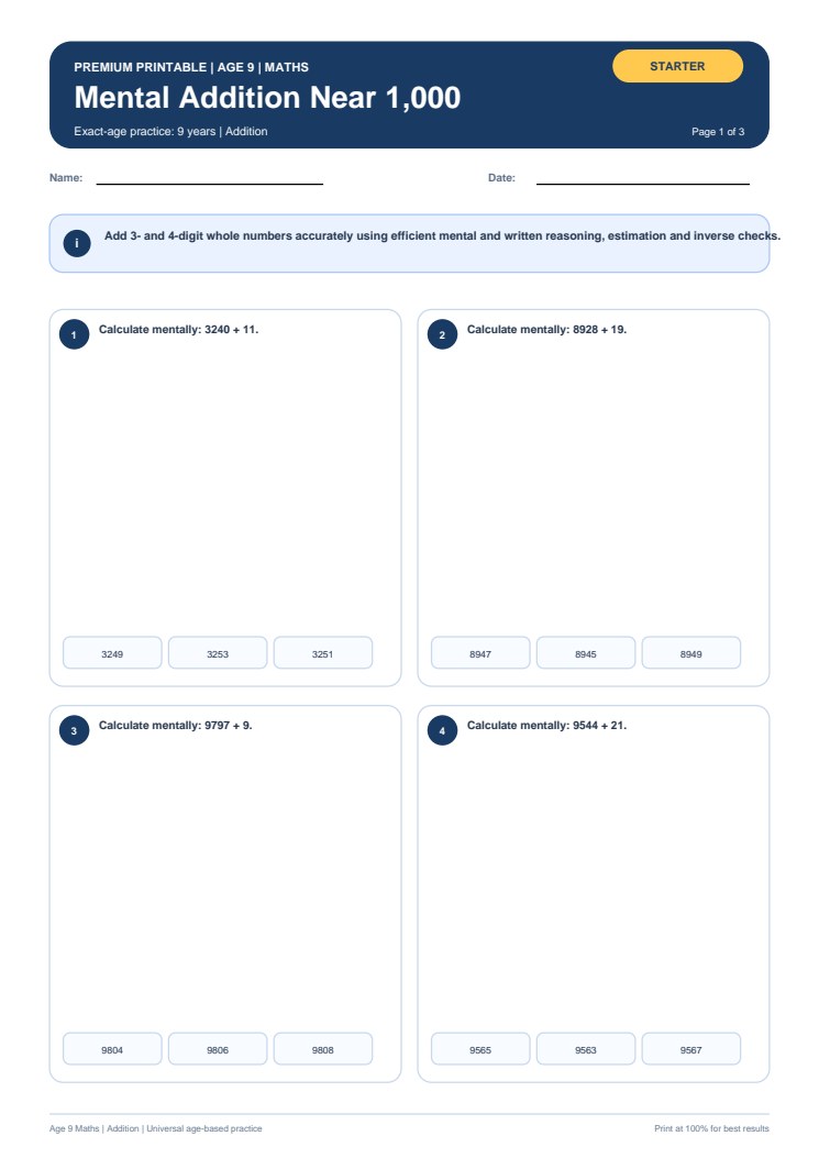 Mental Addition Near 1,000 worksheet preview