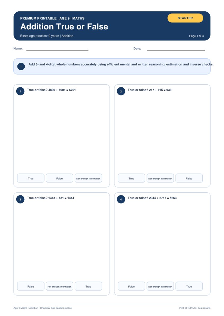 Addition True or False worksheet preview