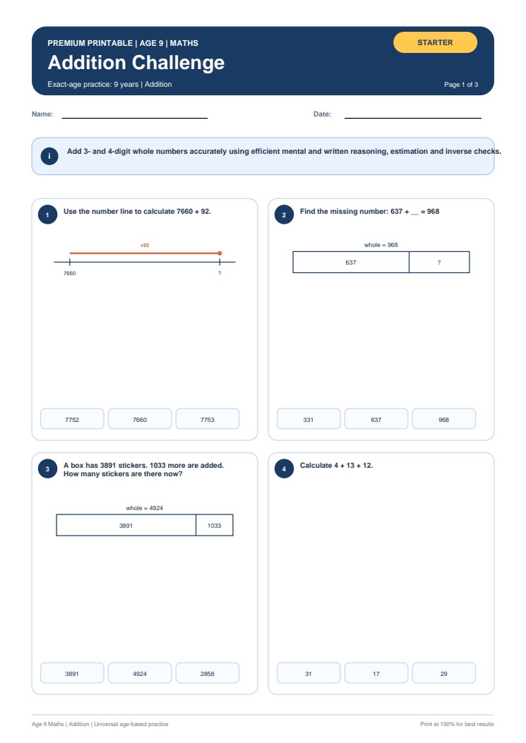 Addition Challenge worksheet preview