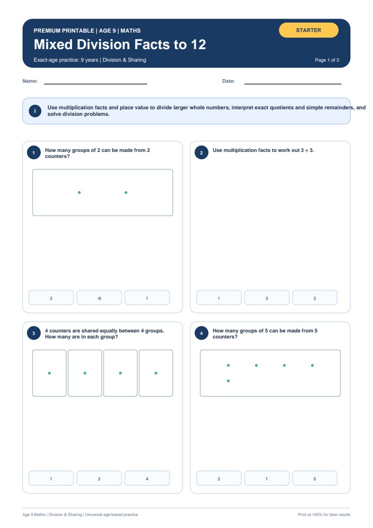Mixed Division Facts to 12 worksheet preview