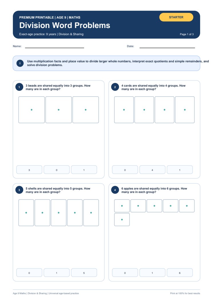 Division Word Problems worksheet preview