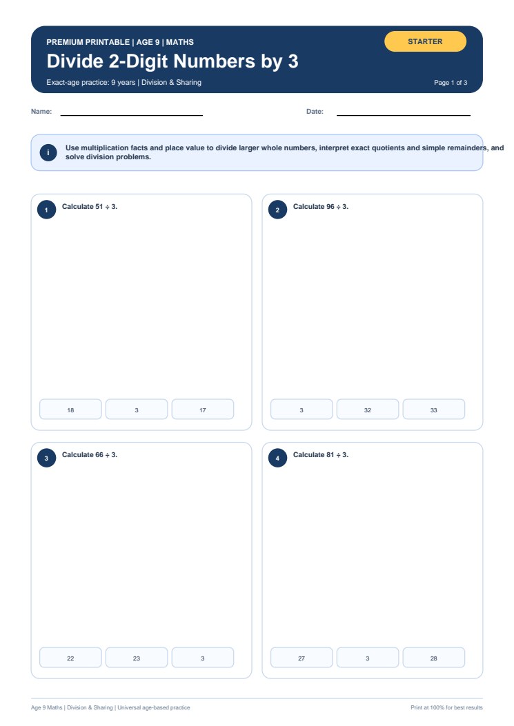 Divide 2-Digit Numbers by 3 worksheet preview
