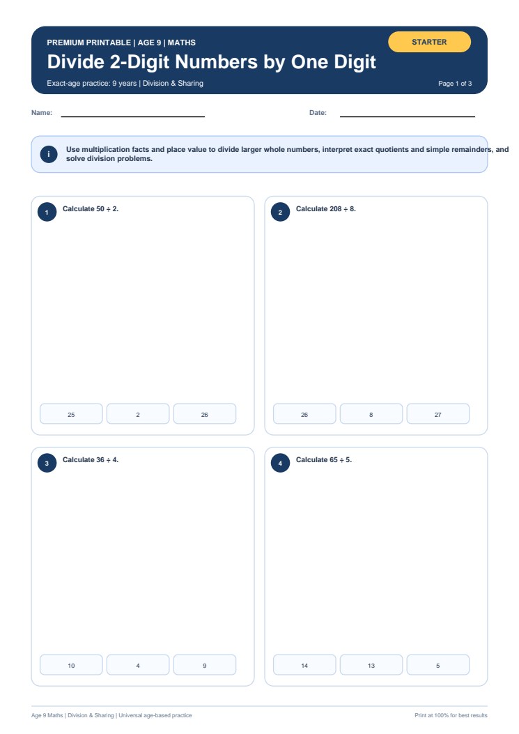 Divide 2-Digit Numbers by One Digit worksheet preview