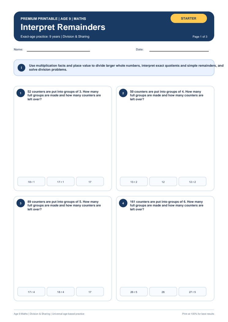 Interpret Remainders worksheet preview