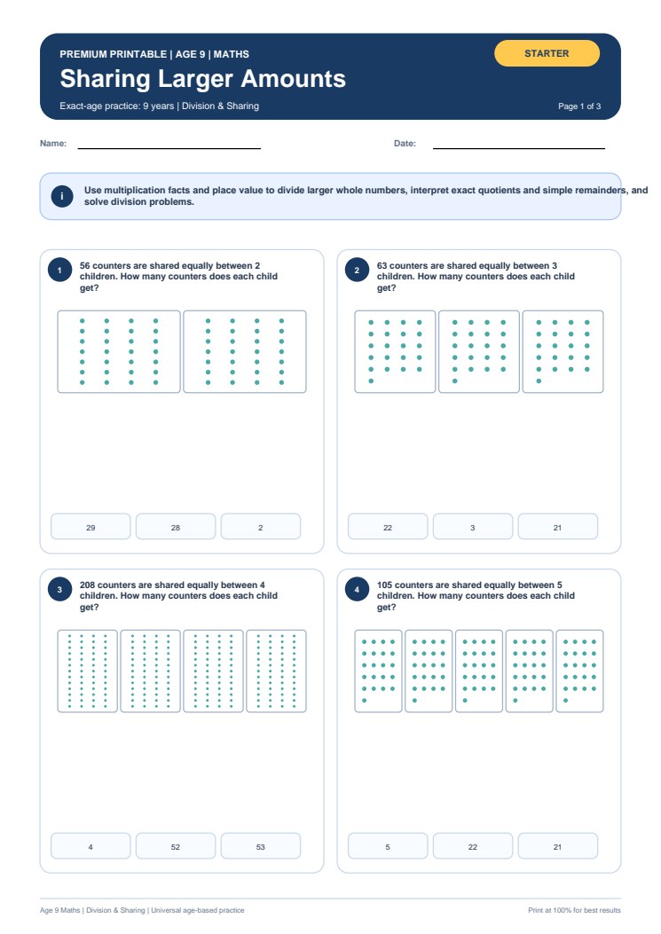 Sharing Larger Amounts worksheet preview